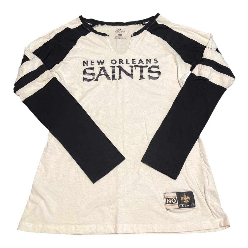 New Orleans Saints NFL Women's Majestic Long Sleeve V-Neck White Black Sz Large